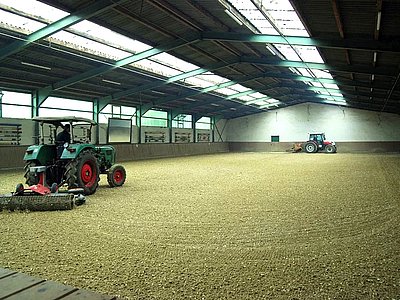 Bio-Vlieshäcksel in grünlicher Farbe in der Reithalle